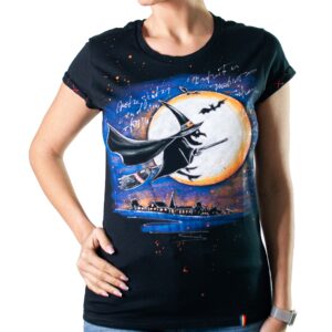 Tricou pictat ARE WITCHES REAL? marime M, negru, slim fit, guler –  CLASIC